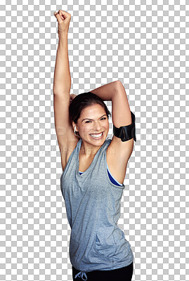 Buy stock photo Winning, fitness and woman excited for workout, exercise and winner isolated in a transparent or png background. Happy, wellness and young female person or sports athlete celebrate at training