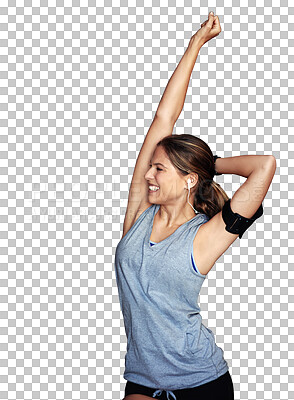 Buy stock photo Winner, fitness and woman excited or dancing for workout, exercise and isolated in a transparent or png background. Body, wellness and young healthy person or sports athlete winning at training