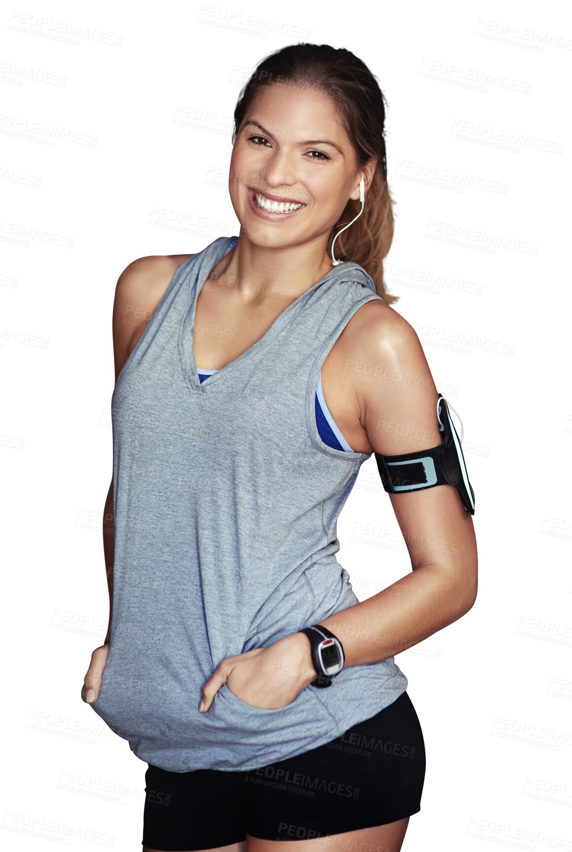 Buy stock photo Happy woman, fitness and portrait, young athlete with health and earphones for music on png transparent background. Workout, training and audio streaming, female model and exercise with wellness