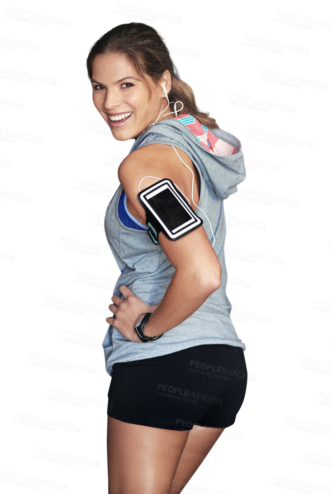 Buy stock photo Fitness, portrait and happy woman with phone, music or arm band on isolated, transparent or png background.  Radio, smile and lady with smartphone, podcast and subscription for workout motivation