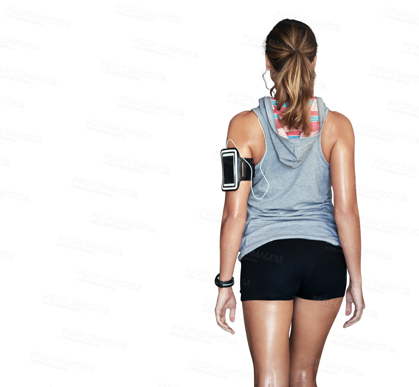 Buy stock photo Fitness, phone and woman back with music streaming subscription on isolated, transparent or png background. Behind, runner and female with smartphone band, radio or podcast for workout or training 