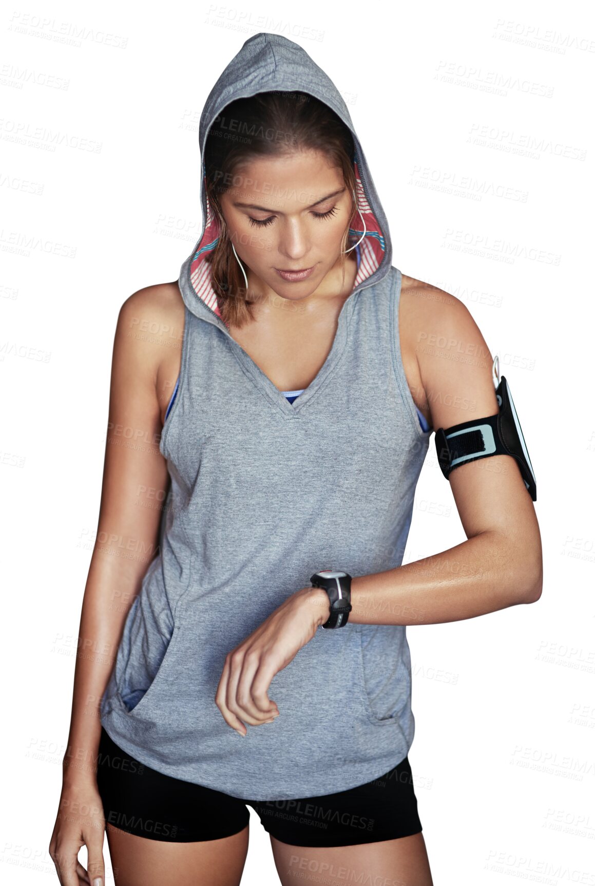 Buy stock photo Watch, woman and fitness with time monitoring and workout isolated on a transparent, png background. Exercise, run check and clock with sports and training for wellness with health body of person