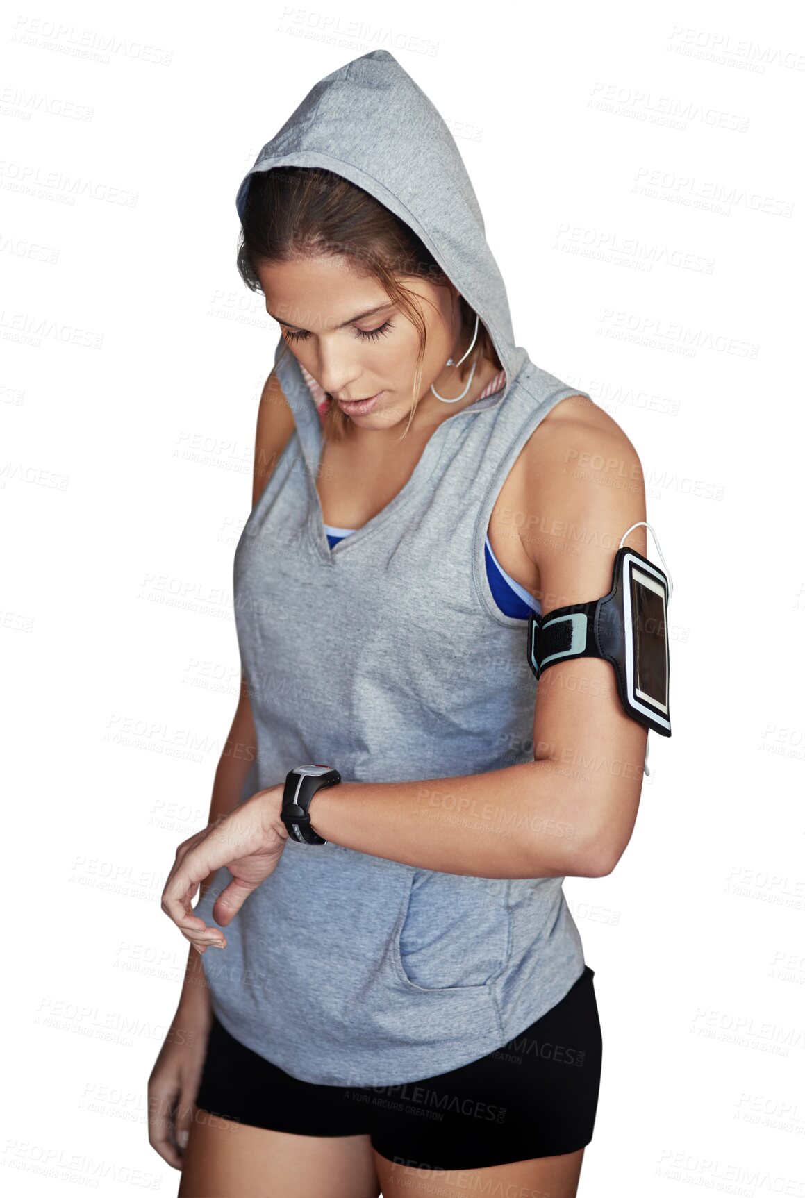 Buy stock photo Watch, woman and fitness with health time monitoring and workout isolated on a transparent, png background. Exercise, run check and clock with sports and training for body wellness of young person