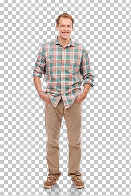 Buy stock photo Man, full body portrait and smile, confident with casual fashion and happy isolated on transparent png background. Male model, happiness and positivity, hands in pocket and trendy clothes with style