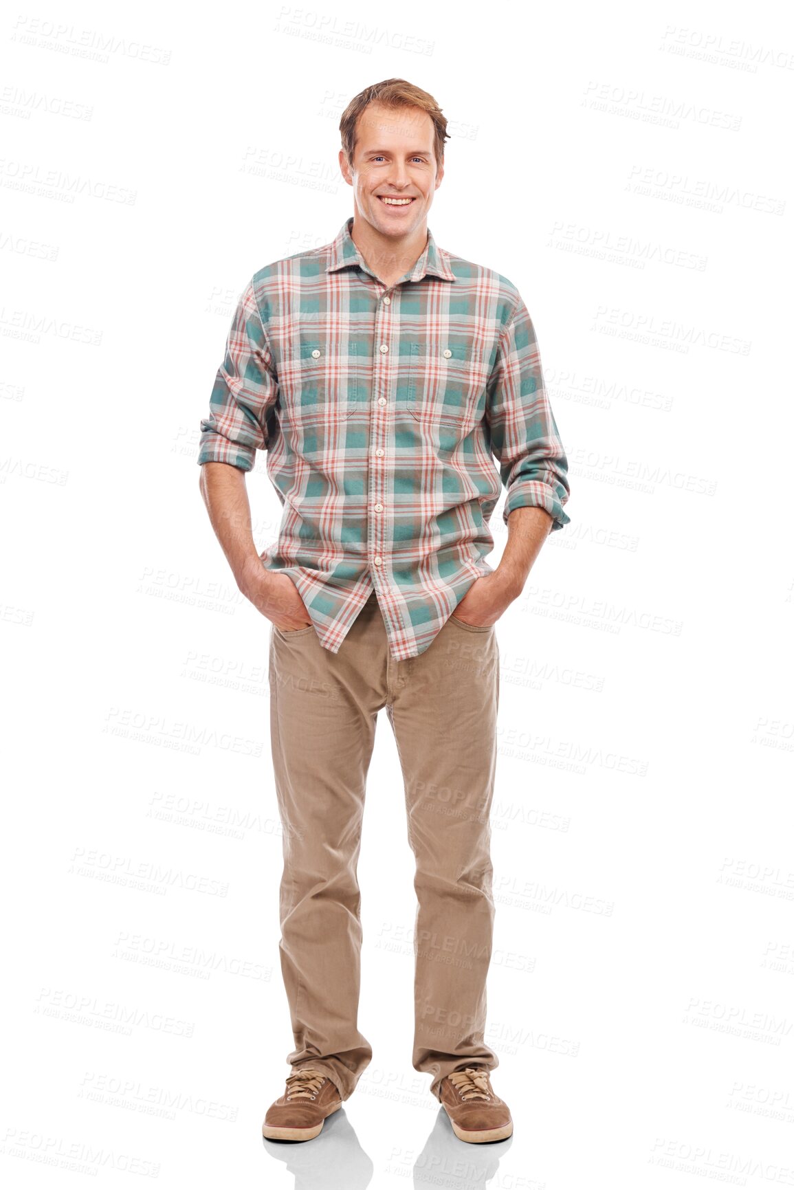 Buy stock photo Man, full body portrait and smile, confident with casual fashion and happy isolated on transparent png background. Male model, happiness and positivity, hands in pocket and trendy clothes with style