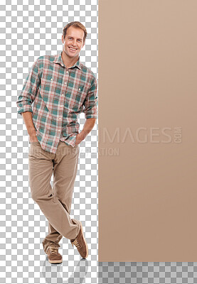 Buy stock photo Happy, man and mockup for business, space or confidence, happiness and information on isolated, transparent or png background. Smile on face, businessman and banner for promotion or presentation 