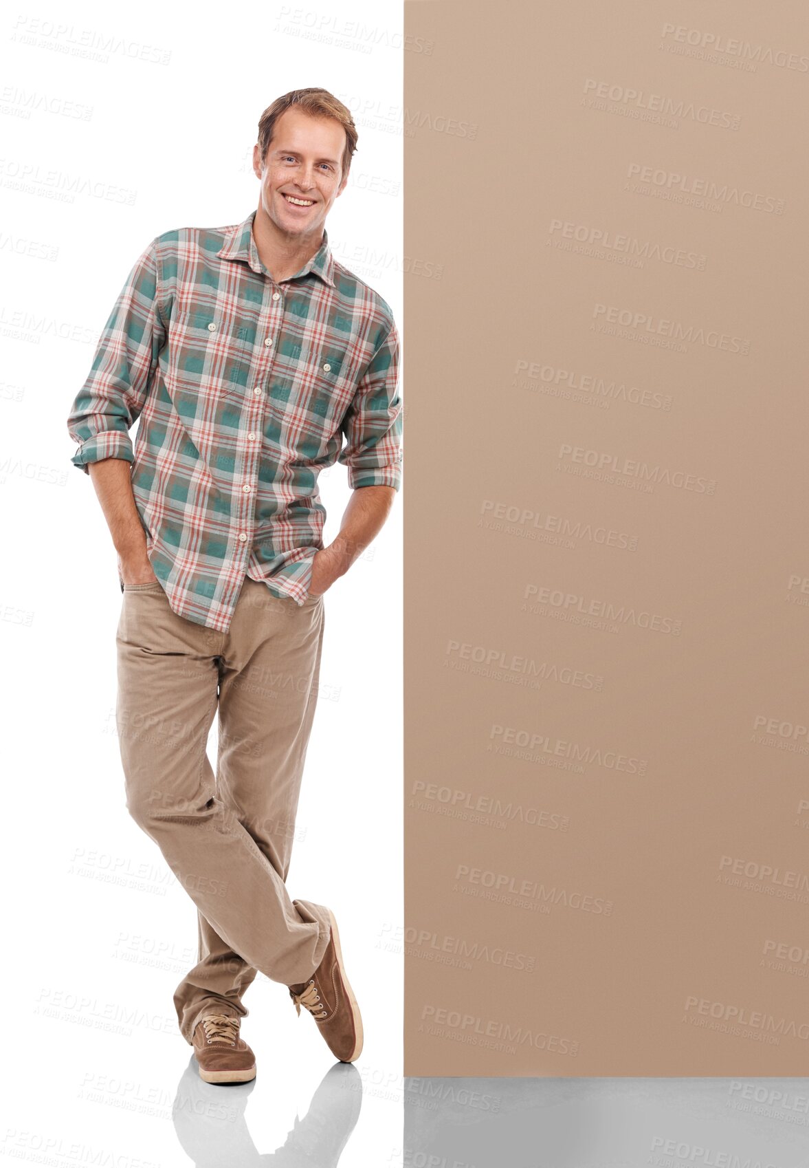 Buy stock photo Happy, man and mockup for business, space or confidence, happiness and information on isolated, transparent or png background. Smile on face, businessman and banner for promotion or presentation 