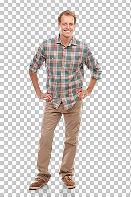 Buy stock photo Fashion, happy and portrait of a man calm standing with style isolated in a transparent or png background. Aesthetic, clothes and smile of attractive male person in a vintage shirt or casual clothes