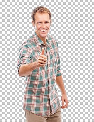 Buy stock photo Man, thumbs up and agreement in portrait, like emoji and support isolated on transparent png background. Thank you, congratulations and good luck, male person smile and yes with vote and feedback