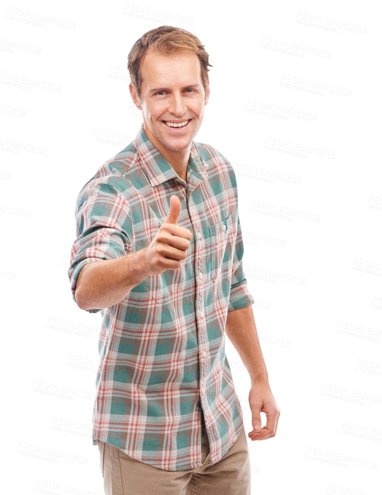 Buy stock photo Man, thumbs up and agreement in portrait, like emoji and support isolated on transparent png background. Thank you, congratulations and good luck, male person smile and yes with vote and feedback