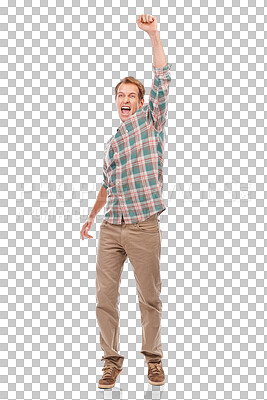 Buy stock photo Celebration, excited winner and man with fist pump cheering on isolated, png and transparent background. Success, surprise and male person with hands in air for good news, announcement and bonus