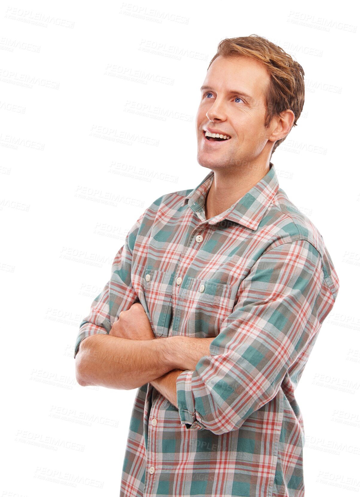 Buy stock photo Thinking, looking up or happy man with arms crossed, vision or confidence isolated on transparent png background. Remember, memory or guy brainstorming ideas with positive mindset, smile or fashion 