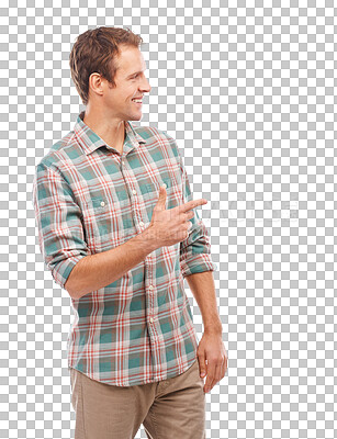 Buy stock photo Hand pointing, smile and man with sign, promo or information on isolated, transparent or png background. Happy, announcement and guy show platform, timeline or checklist, coming soon or news deal