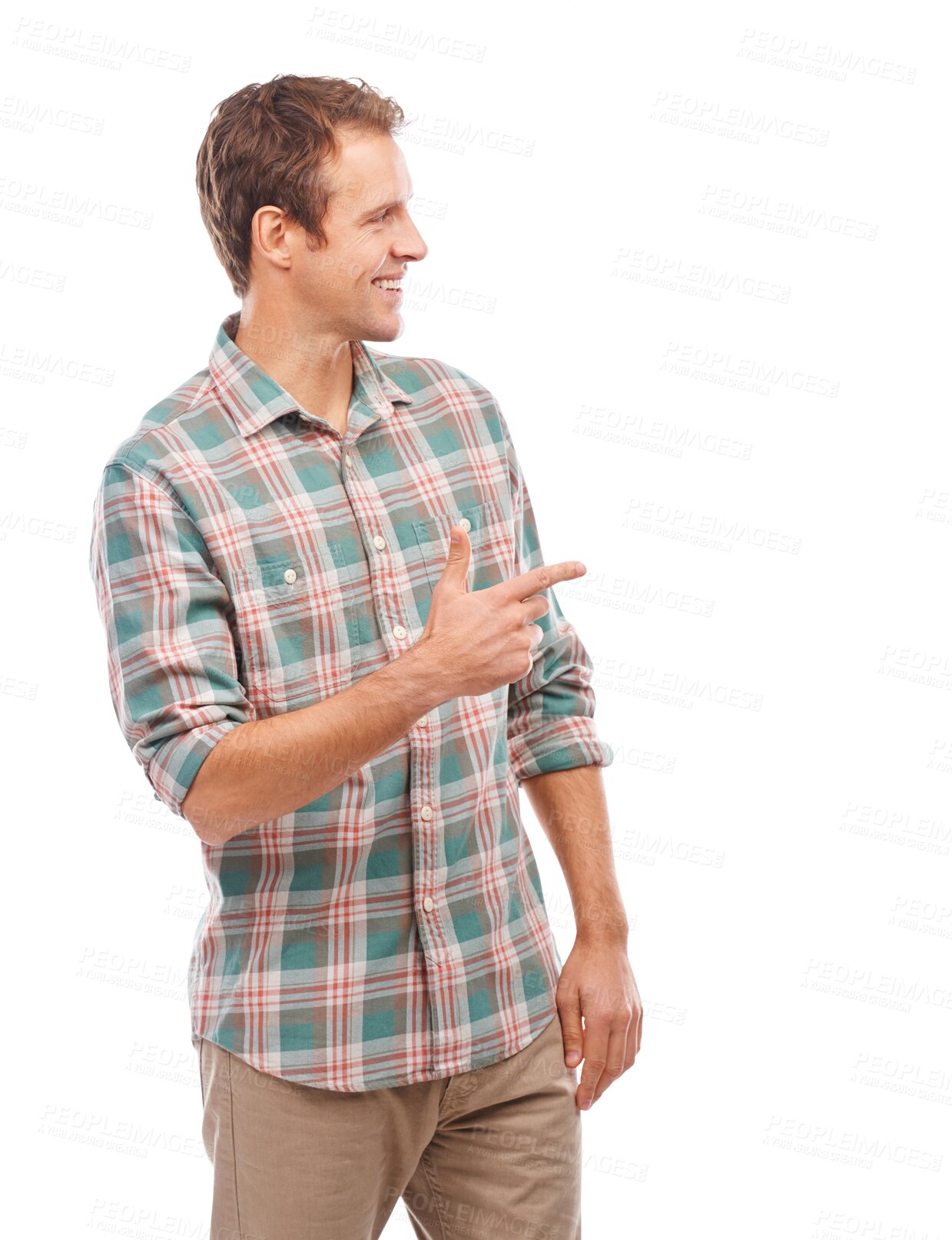 Buy stock photo Hand pointing, smile and man with sign, promo or information on isolated, transparent or png background. Happy, announcement and guy show platform, timeline or checklist, coming soon or news deal