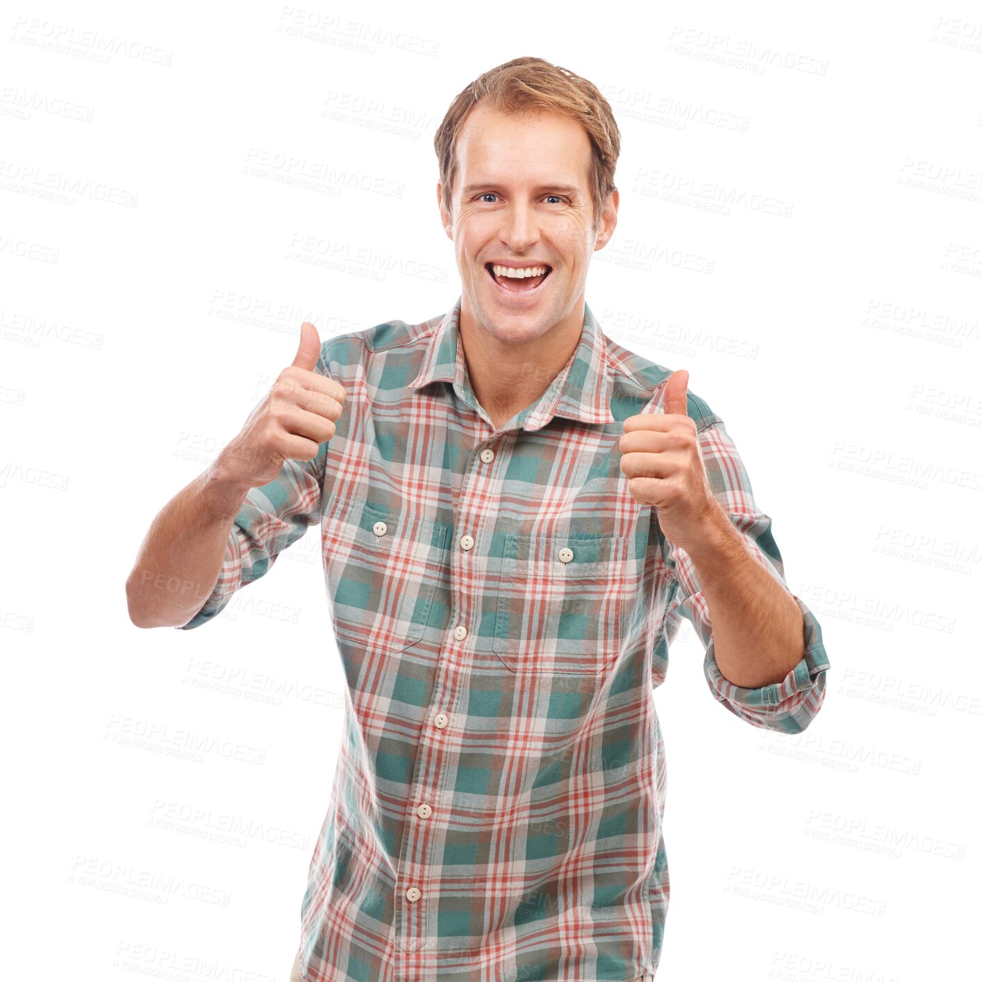 Buy stock photo Happy man, thumbs up and agreement in portrait, like emoji and support isolated on transparent png background. Thank you, congratulations and luck, person smile and yes vote and positive feedback