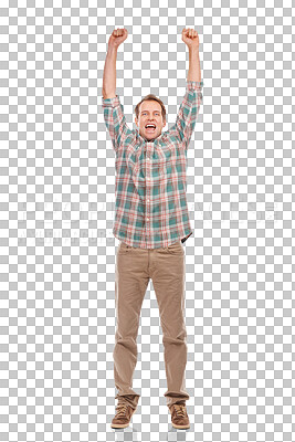 Buy stock photo Celebration, excited winner and portrait of man with fist pump on isolated, png and transparent background. Success, cheering and male person with hands in air for good news, announcement and bonus