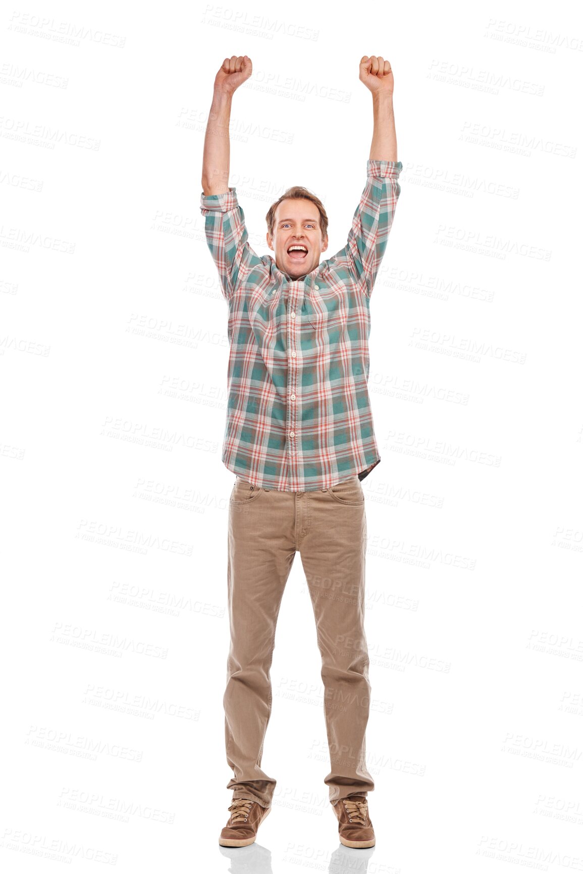 Buy stock photo Celebration, excited winner and portrait of man with fist pump on isolated, png and transparent background. Success, cheering and male person with hands in air for good news, announcement and bonus