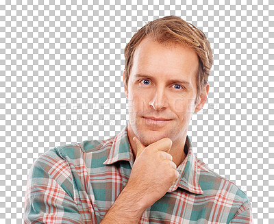 Buy stock photo Man, solution and portrait with confidence and casual fashion isolated on a transparent, png background. Happy, choice and male person face with modern style and decision with smile and contemplating