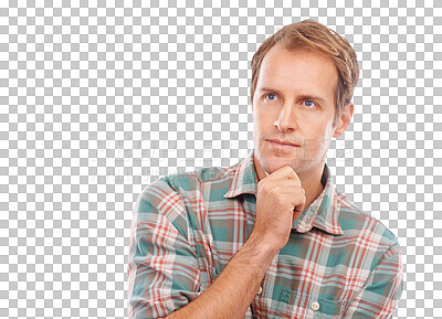 Buy stock photo Thinking, idea and portrait of a man calm and wondering a decision isolated in a transparent or png background. Choice, solution and thoughtful male person planning with focus and brainstorming