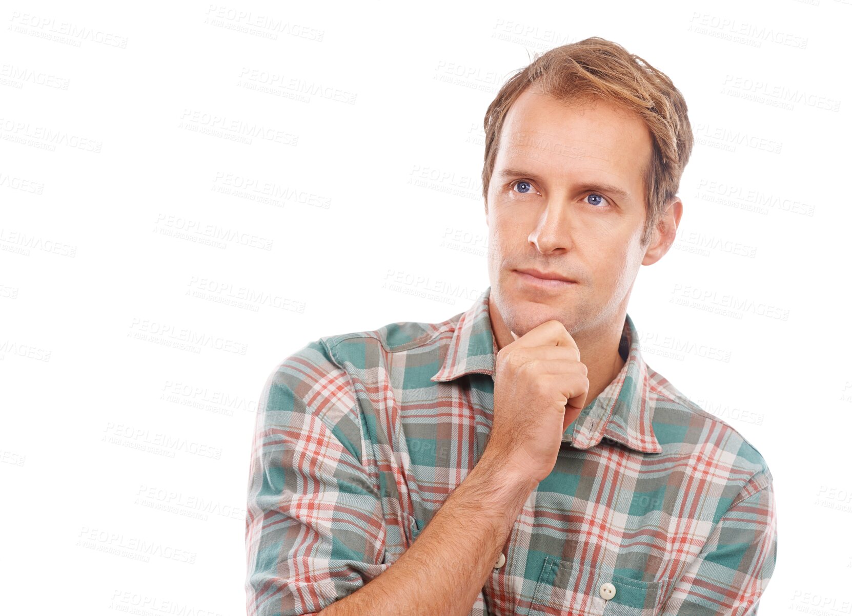 Buy stock photo Thinking, idea and portrait of a man calm and wondering a decision isolated in a transparent or png background. Choice, solution and thoughtful male person planning with focus and brainstorming