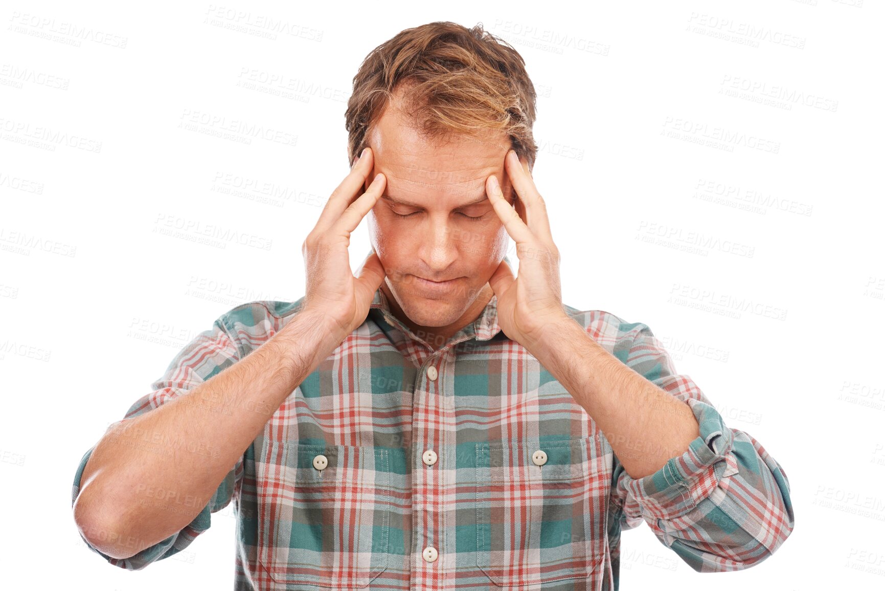 Buy stock photo Headache, pain and man with stress pressure due to burnout isolated in a transparent or png background. Frustrated, inflammation and male person with migraine discomfort, fatigue and overworked