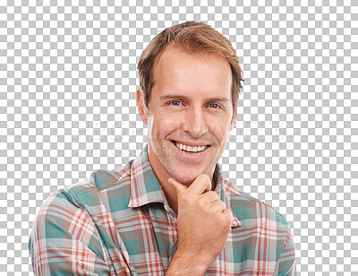 Buy stock photo Thinking, portrait or happy man with solution, vision or confidence isolated on transparent png background. Remember, memory or face of person with positive mindset, smile or fashion style ideas