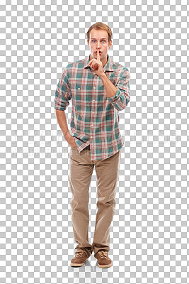 Buy stock photo Portrait, secret and man with finger on his lips, privacy and silence isolated against a transparent background. Full body, male person or model with hand gesture, whisper or gossip with png or emoji