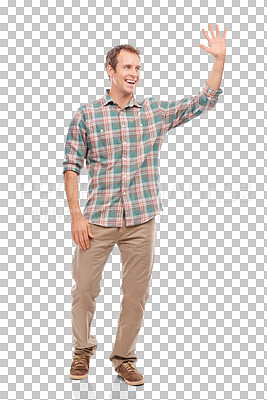 Buy stock photo Wave, hello and smile with man on png for happy, greeting and welcome. Kindness, friendly and confidence with person waving isolated on transparent background for natural, happiness and hand gesture