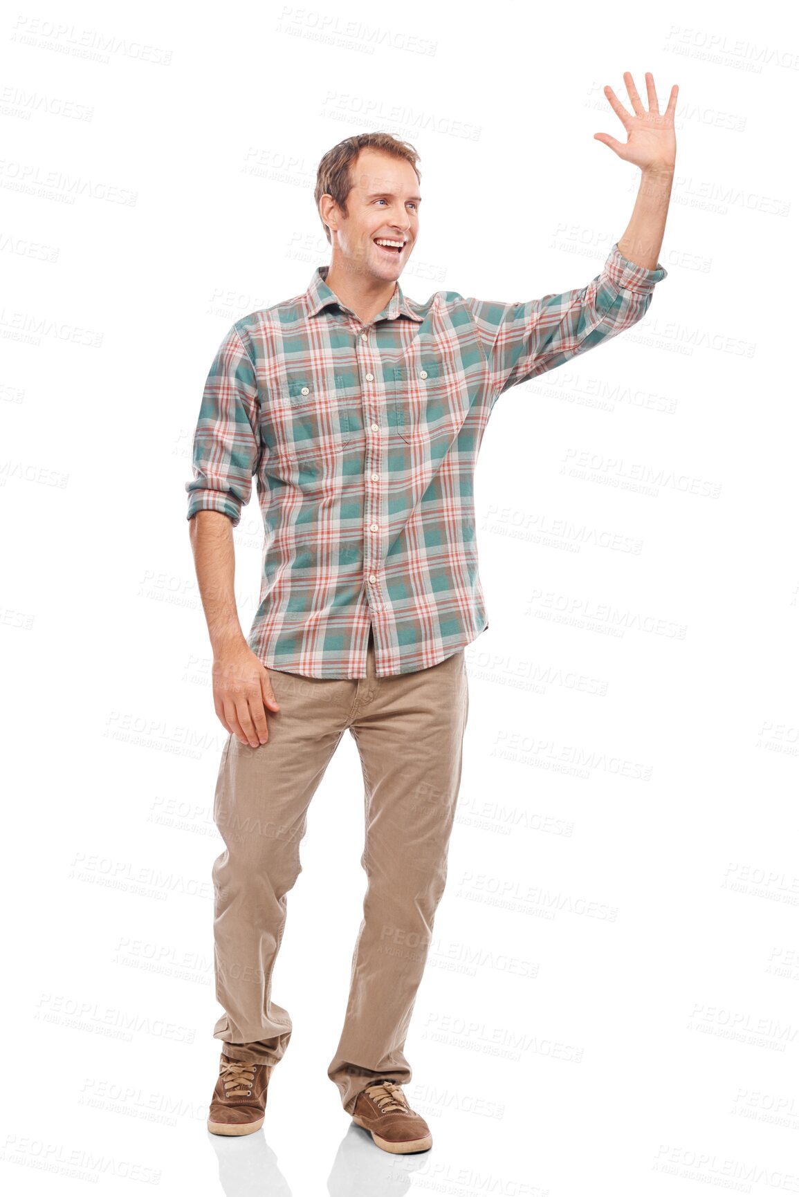 Buy stock photo Wave, hello and smile with man on png for happy, greeting and welcome. Kindness, friendly and confidence with person waving isolated on transparent background for natural, happiness and hand gesture