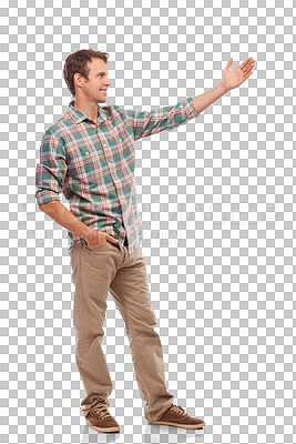 Buy stock photo Happy, show offer and man presenting for promotion, deal and sale advertisement with casual fashion. Male person, smile and isolated on a transparent, png background with promo and announcement