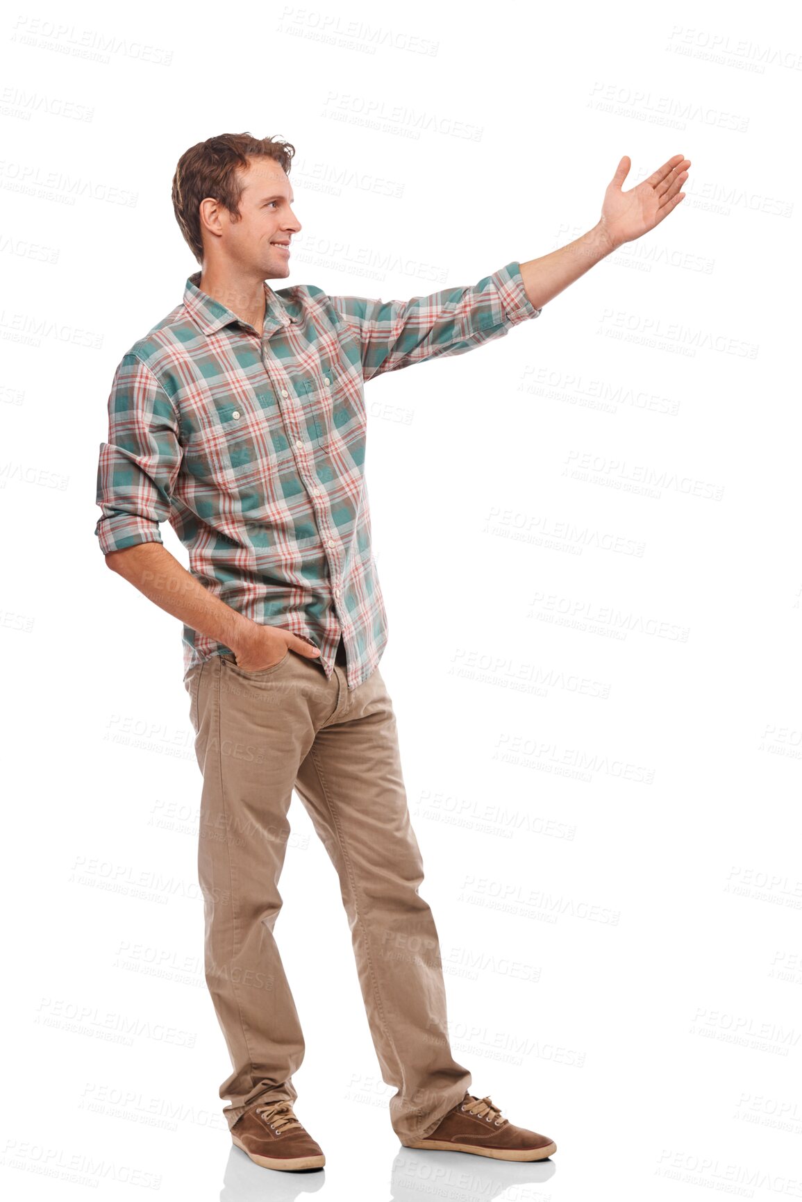 Buy stock photo Happy, show offer and man presenting for promotion, deal and sale advertisement with casual fashion. Male person, smile and isolated on a transparent, png background with promo and announcement