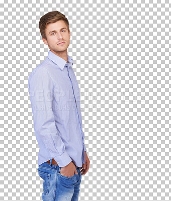 Buy stock photo Fashion, cool and portrait of a man confident and calm with style isolated in a transparent or png background. Shirt, attractive and masculine young male person relax, proud and sexy aesthetic