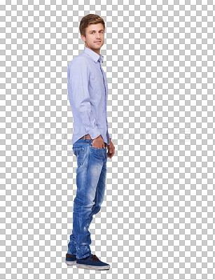 Buy stock photo Portrait, man and fashion with casual style isolated on a transparent, png background with confidence. Handsome, happy and young male model person with trendy clothes for motivation or inspiration