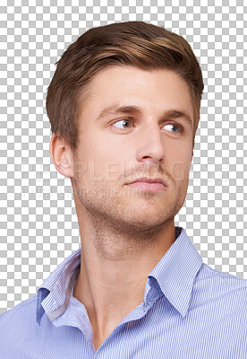 Buy stock photo Business man, vision and face closeup with confidence isolated on a transparent, png background. Thinking, professional and idea of a serious young male employee with work model and corporate worker