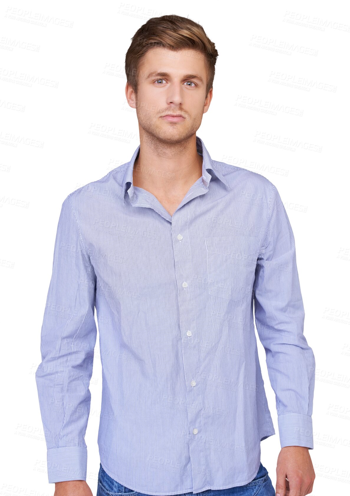 Buy stock photo Fashion, serious and portrait of young man with casual, trendy and outfit with shirt. Confidence, stylish and handsome male model from Canada with classy style isolated by transparent png background.
