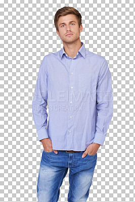 Buy stock photo Fashion, casual style and portrait of a man isolated on a transparent, png background with confidence. Handsome, serious and young male person or Hollywood model with trendy clothes, shirt and jeans