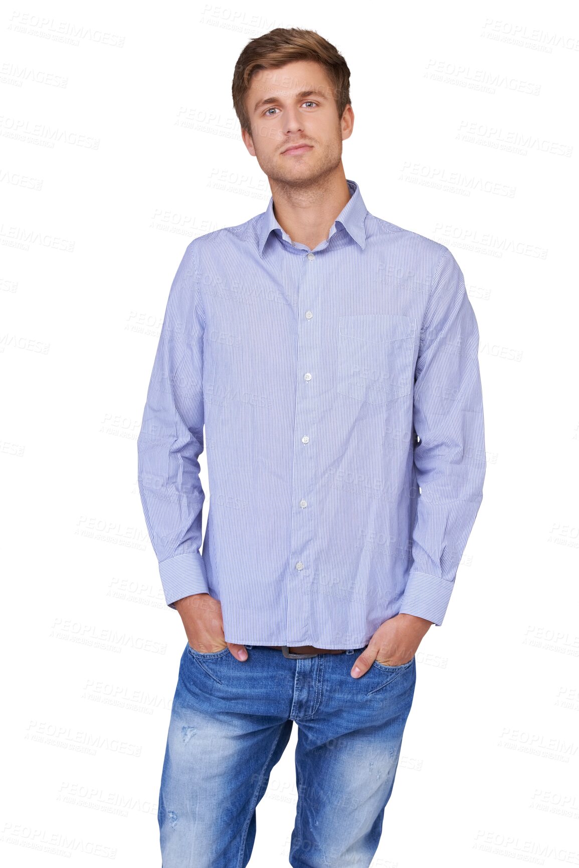 Buy stock photo Fashion, casual style and portrait of a man isolated on a transparent, png background with confidence. Handsome, serious and young male person or Hollywood model with trendy clothes, shirt and jeans