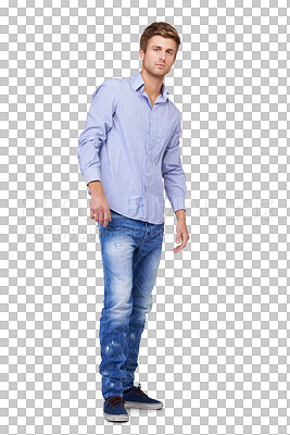 Buy stock photo Man, fashion and casual style portrait isolated on a transparent, png background with confidence. Handsome, full body and serious young male model person with trendy clothes or a shirt and jeans