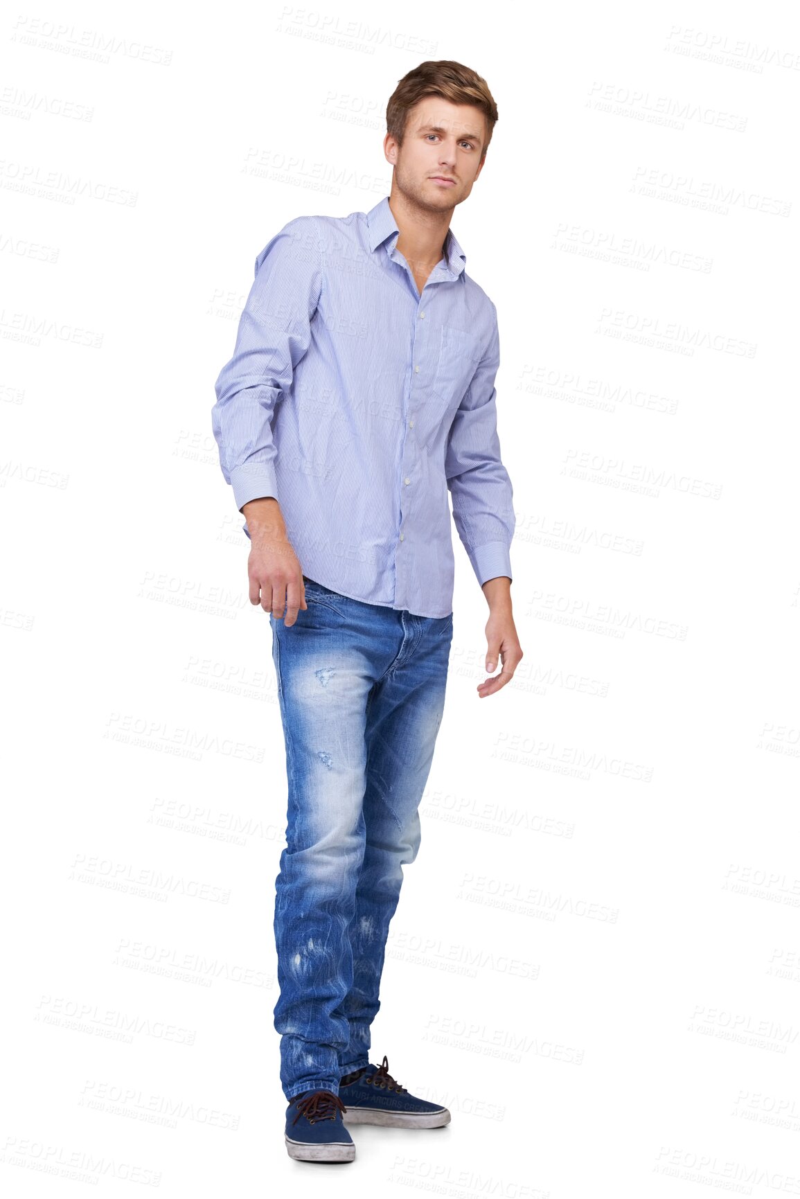 Buy stock photo Man, fashion and casual style portrait isolated on a transparent, png background with confidence. Handsome, full body and serious young male model person with trendy clothes or a shirt and jeans