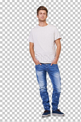 Buy stock photo Portrait, fashion and confident man in jeans isolated on a transparent png background. Serious, style and person with hands in pocket, casual clothes and trendy tshirt for cool aesthetic in Australia