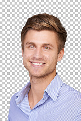 Buy stock photo Business man, portrait and smile with worker confidence and professional career. Male employee, happy face and young positive businessman with advertising job isolated on transparent, png background