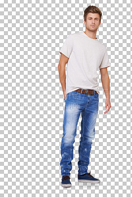 Buy stock photo Fashion, portrait and confident man in jeans isolated on a transparent png background. Serious, style and person with hands in pocket, casual clothes and trendy tshirt for cool aesthetic in Australia