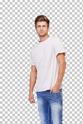 Buy stock photo Portrait, fashion and confident man in jeans isolated on a transparent png background. Serious, style and person with hands in pocket, casual clothes and trendy tshirt for cool aesthetic in Australia