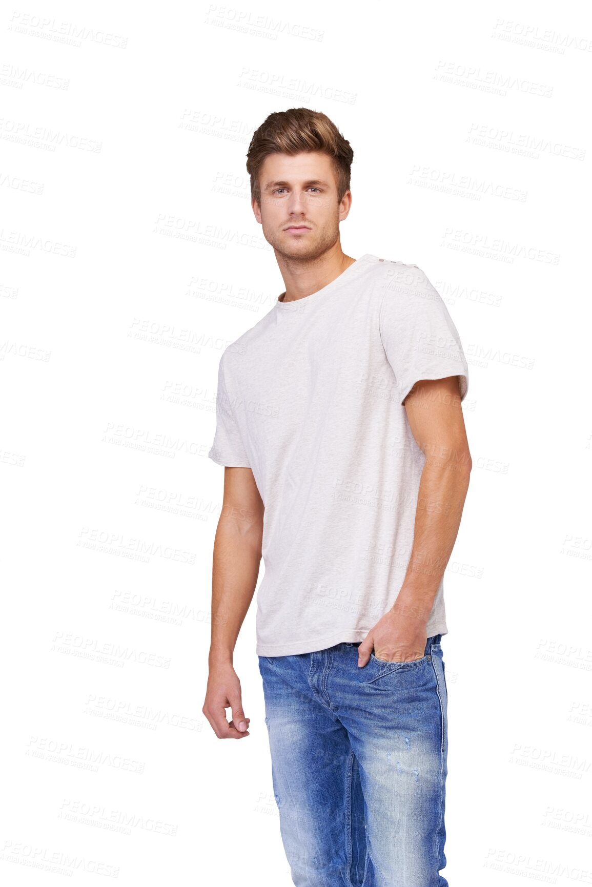 Buy stock photo Portrait, fashion and confident man in jeans isolated on a transparent png background. Serious, style and person with hands in pocket, casual clothes and trendy tshirt for cool aesthetic in Australia