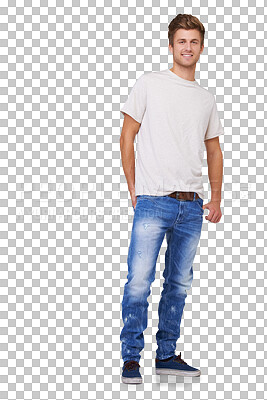 Buy stock photo Portrait, fashion and happy man in white tshirt isolated on a transparent png background. Smile, style and person with hand in pocket, casual clothes and trendy jeans for cool aesthetic in Australia