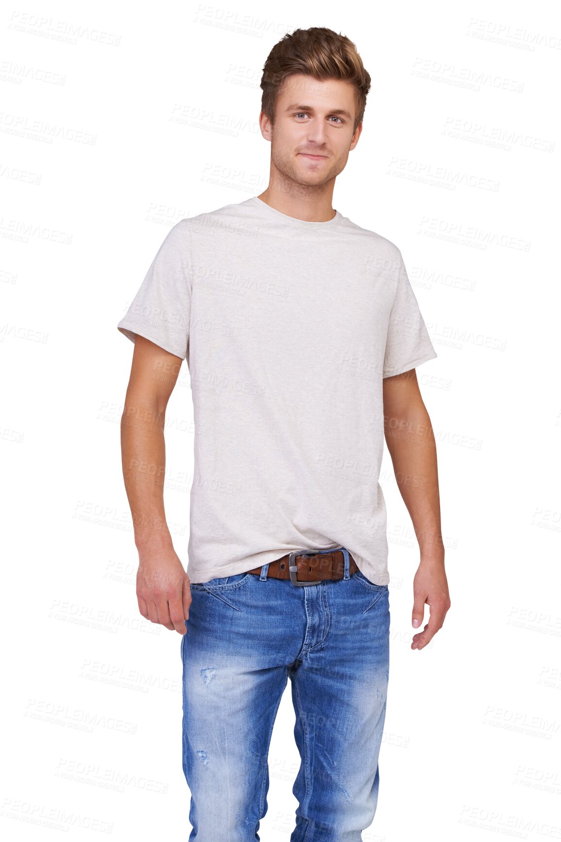 Buy stock photo Man, portrait and casual clothing standing isolated on a transparent PNG background. Young handsome, model or decent male person in denim jeans posing for cool fashion or style in confidence