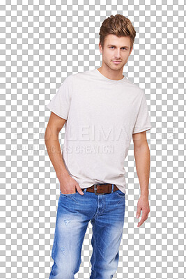 Buy stock photo Fashion, portrait and confident man in white tshirt isolated on a transparent png background. Model, style and person with hand in pocket, casual clothes and jeans for cool aesthetic in Australia.