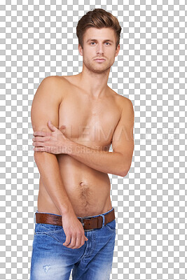 Buy stock photo Chest, body and portrait of man with fitness results on isolated, transparent and png background. Face, attitude and male model posing topless, serious or confident, attractive with healthy lifestyle