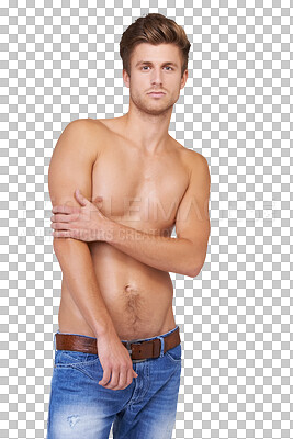 Buy stock photo Body, chest and portrait of man with fitness results on isolated, transparent and png background. Face, attitude and male model posing topless, serious or confident, attractive with healthy lifestyle