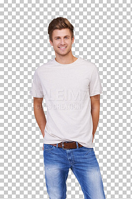 Buy stock photo Fashion, portrait and man smile in white tshirt isolated on a transparent png background. Happy, style or confident person with positive mindset, casual clothes or trendy jeans for aesthetic in Spain